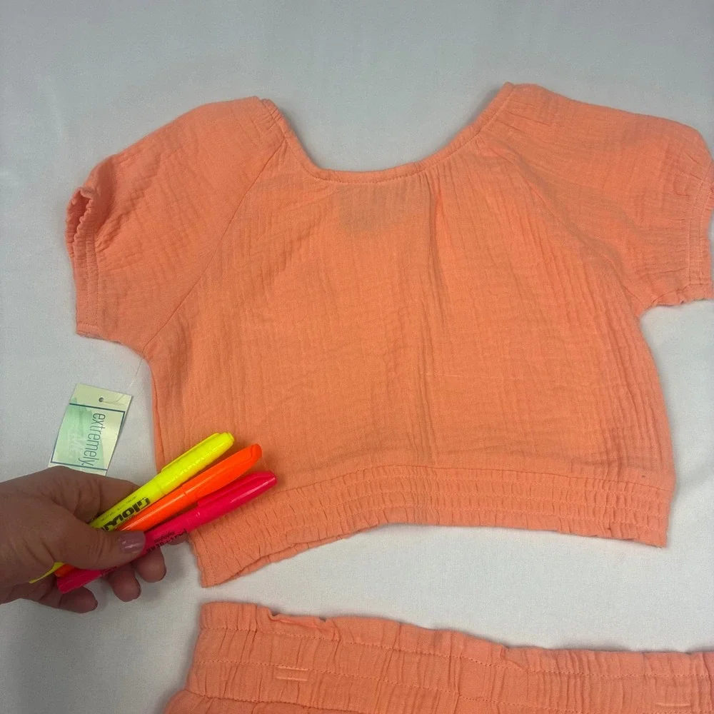 Girls Short Set 14 Peach/Coral NWT Gauze 100%‎ Cotton Crop Top Shorts 2pc Set